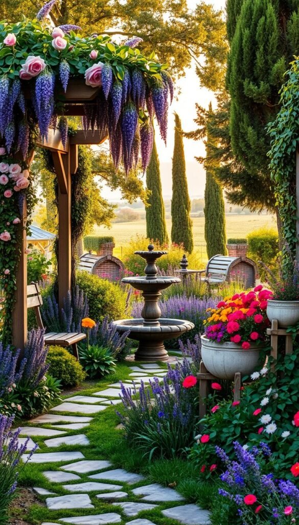 A lush, meticulously curated French cottage garden, overflowing with vibrant blooms and verdant foliage. In the foreground, a charming stone pathway winds through a tapestry of lavender, rosemary, and cascading ivy. Wooden trellises support climbing roses and wisteria, their delicate petals and tendrils softly illuminated by warm, diffused sunlight filtering through the canopy of ancient trees. In the middle ground, a weathered stone fountain bubbles peacefully, surrounded by a riot of colorful perennials and fragrant herbs. Towards the back, a quaint wooden bench offers a serene respite, nestled amidst a backdrop of towering cypress trees and a distant, hazy horizon. An atmosphere of rustic elegance and timeless French charm permeates the scene.