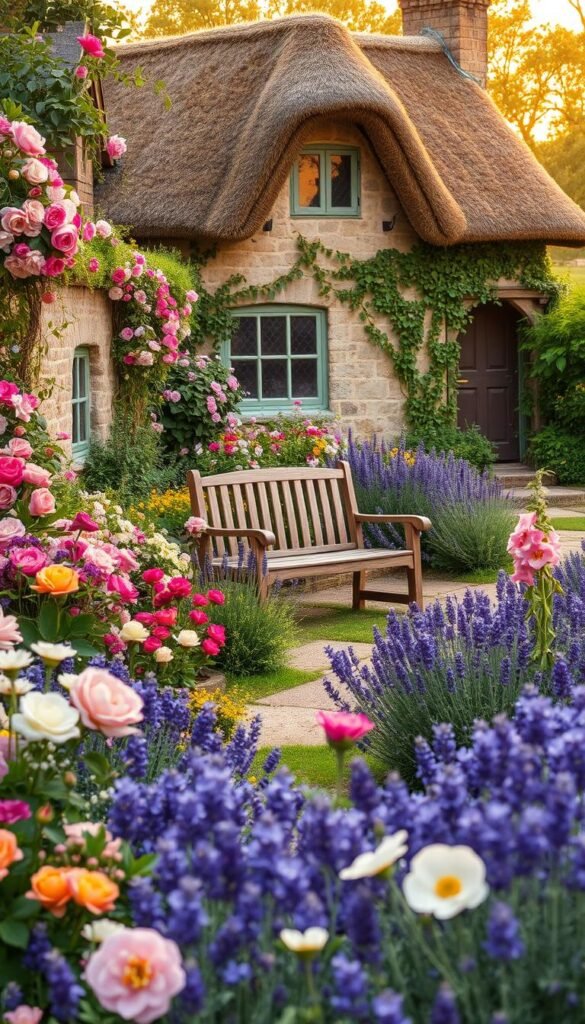 A lush, meticulously curated cottage garden with an abundance of flowering plants cascading over stone walls and winding pathways. In the foreground, a vibrant mix of colorful blooms, including fragrant roses, delicate peonies, and whimsical hollyhocks, create a captivating tapestry. The middle ground features a charming wooden bench nestled amidst a sea of lavender, inviting visitors to pause and immerse themselves in the tranquil scene. In the background, a quaint cottage with a thatched roof and trailing vines serves as the idyllic backdrop, bathed in the warm, golden glow of a setting sun. The overall atmosphere exudes a sense of timeless beauty, rustic charm, and the effortless elegance that defines the captivating cottage garden aesthetic.