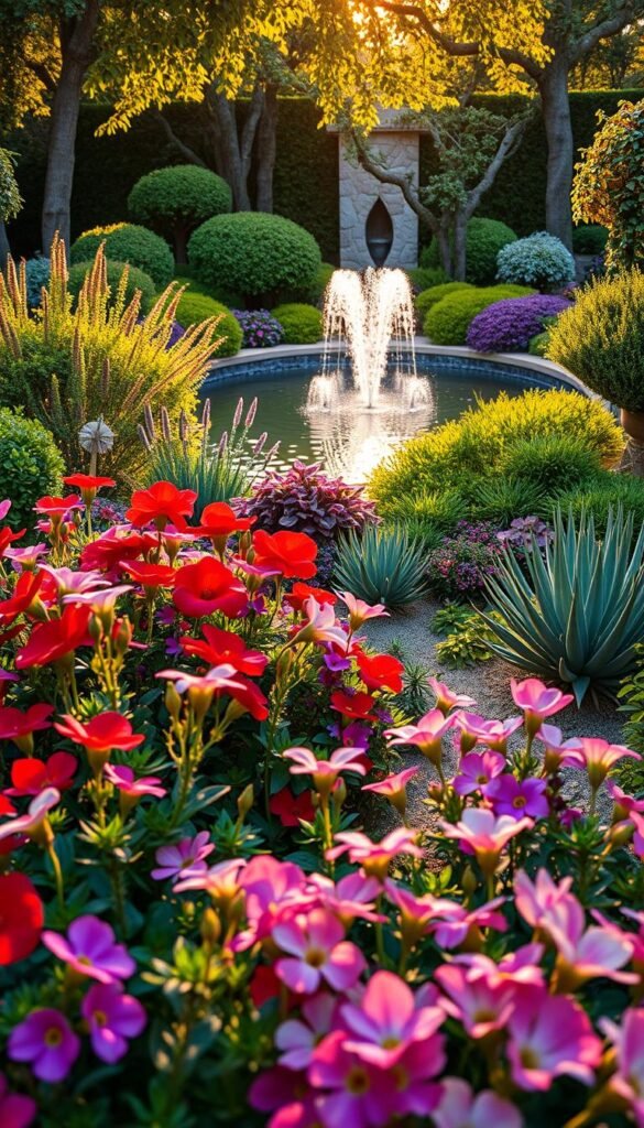 A lush, meticulously designed garden comes to life, showcasing a harmonious balance of color and texture. In the foreground, vibrant flowers in a variety of hues – from rich crimson to delicate pastel shades – dot the landscape, their petals softly illuminated by the warm, golden sunlight filtering through the canopy above. The middle ground features a well-curated mix of plant life, including verdant shrubs, cascading vines, and sculptural succulents, each with a distinct tactile quality that invites touch. In the background, a serene water feature reflects the shimmering colors and patterns, creating a sense of tranquility and visual depth. The overall composition is a masterful interplay of complementary tones, shapes, and materials, resulting in a harmonious and visually captivating garden design.