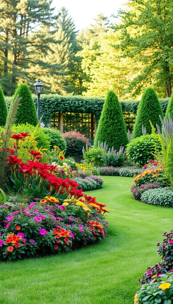 A lush, meticulously designed garden composition, captured in soft, natural lighting. In the foreground, an arrangement of vibrant flowers and foliage, expertly curated to create a visually harmonious display. The middle ground features a winding pathway, inviting the viewer to explore the scene. In the background, a backdrop of verdant trees and shrubs, creating a sense of depth and enclosure. The overall composition is balanced, with a cohesive color palette and a harmonious interplay of shapes and textures, exemplifying the principles of garden design. The mood is serene and tranquil, evoking a sense of calm and escape.