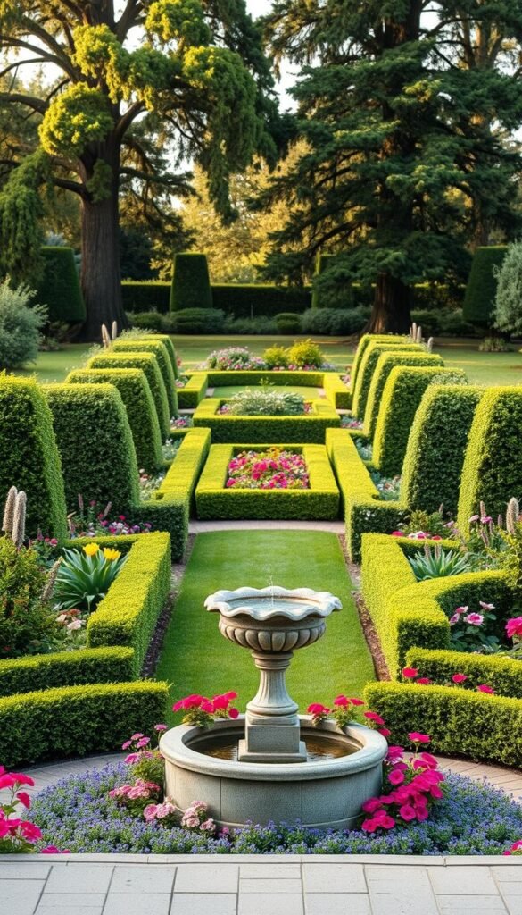 A lush, meticulously designed garden, showcasing the harmonious interplay of form, texture, and color. In the foreground, a captivating focal point featuring a sculptural water feature or ornamental urn, surrounded by a curated selection of vibrant blooms. Transitioning to the middle ground, a symmetrical arrangement of neatly pruned hedges and flowing perennials, guiding the viewer's gaze deeper into the scene. In the background, a subtle, naturalistic landscape, with towering trees casting a warm, diffused light across the entire composition. The overall atmosphere exudes a sense of balance, tranquility, and the careful consideration of design principles that define both the traditional cottage garden and the modern minimalist aesthetic.