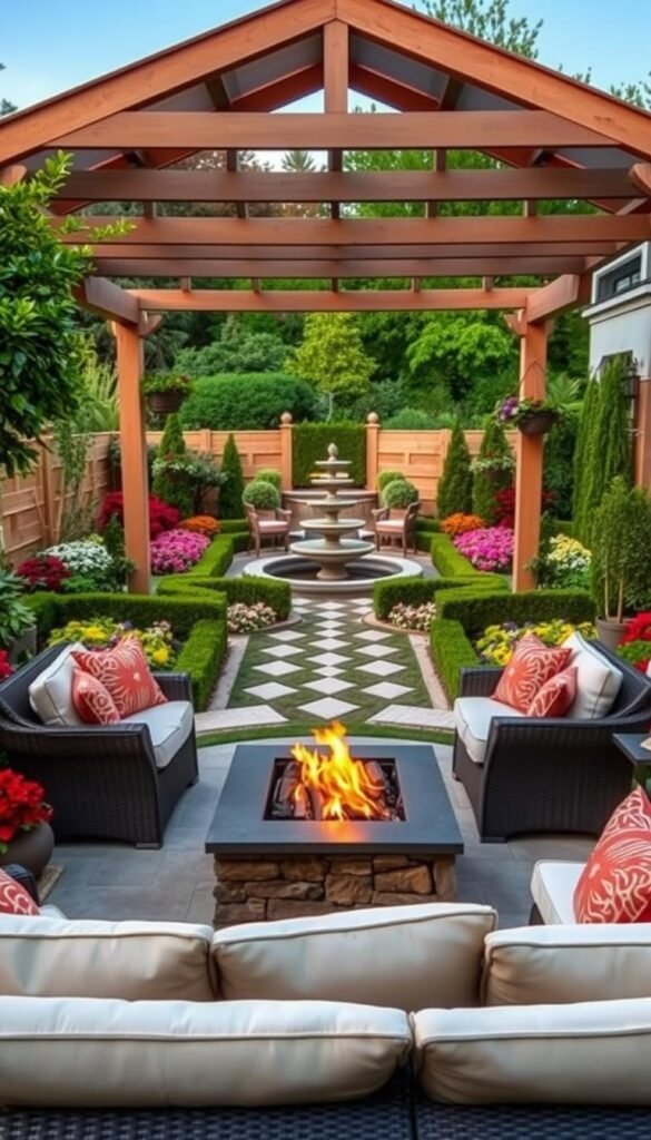 A lush, meticulously designed outdoor oasis, showcasing a variety of thoughtful layout ideas. In the foreground, a cozy seating area with plush cushions and a fire pit, creating an inviting ambiance. Surrounding it, a mix of strategically placed flower beds, neatly trimmed hedges, and decorative pathways, leading the eye towards a serene water feature in the middle ground. In the background, a well-structured pergola casts warm, diffused lighting, while potted plants and hanging baskets add pops of color. The overall scene exudes a sense of harmony, balance, and a welcoming atmosphere, perfectly capturing the essence of a customized outdoor retreat.
