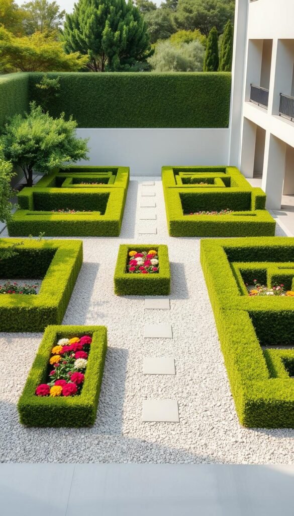 A lush, meticulously-manicured garden with clean, geometric shapes and lines. A serene, minimalist oasis with symmetrical pathways leading through a series of precisely-trimmed hedges, arranged in a grid-like pattern. Sharply-defined, angular flower beds in primary colors punctuate the scene, contrasting against the neutral tones of the gravel and stone. Soft, diffused natural lighting casts long shadows, emphasizing the architectural elements. The overall composition exudes a sense of order, balance, and modern elegance, inviting the viewer to explore this perfectly-curated outdoor space. A lush, meticulously-manicured garden with clean, geometric shapes and lines. A serene, minimalist oasis with symmetrical pathways leading through a series of precisely-trimmed hedges, arranged in a grid-like pattern. Sharply-defined, angular flower beds in primary colors punctuate the scene, contrasting against the neutral tones of the gravel and stone. Soft, diffused natural lighting casts long shadows, emphasizing the architectural elements. The overall composition exudes a sense of order, balance, and modern elegance, inviting the viewer to explore this perfectly-curated outdoor space.