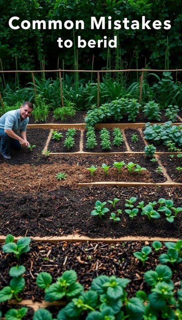 A lush, meticulously organized raised garden bed showcasing common mistakes to avoid. In the foreground, a gardener diligently layers soil, compost, and mulch, ensuring proper drainage and nutrient-rich growth medium. The middle ground depicts various scenarios, such as overwatering, soil compaction, and uneven planting depths. In the background, a verdant backdrop of thriving plants contrasts with the cautionary tales, demonstrating the rewards of a well-executed raised bed. Soft, diffused lighting casts a warm, inviting glow, while a wide-angle lens captures the full scope of the scene. The overall mood is one of educational guidance, empowering the viewer to create a successful and bountiful raised garden.