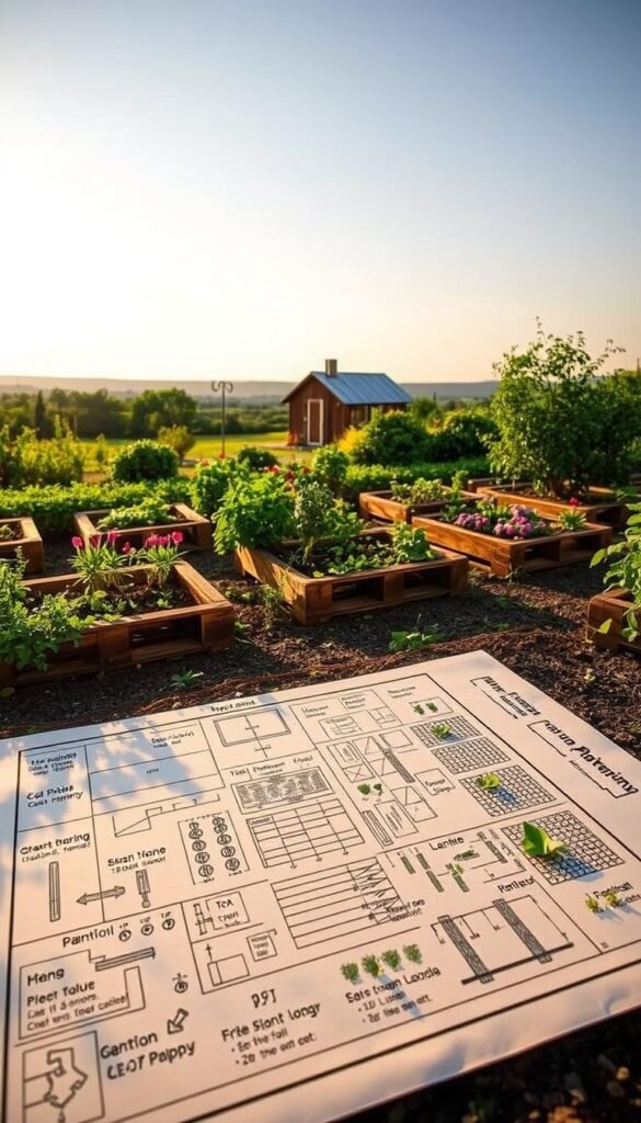 A lush, meticulously planned garden bed with raised planters made from repurposed wooden pallets. The foreground features a detailed layout blueprint, complete with planting zones, pathways, and strategic placement of various vegetables, herbs, and flowers. The middle ground showcases the assembled pallet beds, their rustic charm complementing the verdant foliage. In the background, a serene landscape unfolds, with a picturesque shed or greenhouse providing a harmonious backdrop. Warm, natural lighting casts gentle shadows, creating a sense of depth and atmosphere. The overall scene conveys a harmonious balance between functionality, sustainability, and aesthetic appeal, perfectly capturing the essence of "Planning Your Garden Bed Layout and Location".
