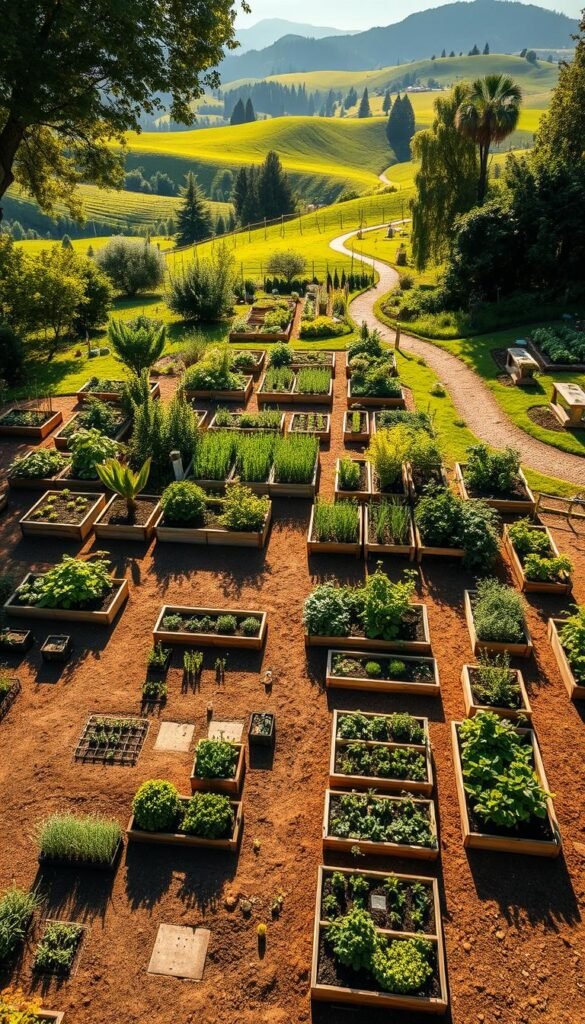 A lush, meticulously planned garden layout in warm afternoon sunlight. In the foreground, a detailed schematic of raised garden beds in various shapes and sizes, showcasing an efficient and visually appealing arrangement. The middle ground features an array of thriving plants and vegetables, each section well-defined and harmonious. In the background, a picturesque scene of rolling hills, with a winding path leading through the verdant landscape. Soft shadows and highlights create depth and dimension, while the overall composition conveys a sense of tranquility and inspiration for thoughtful garden design.