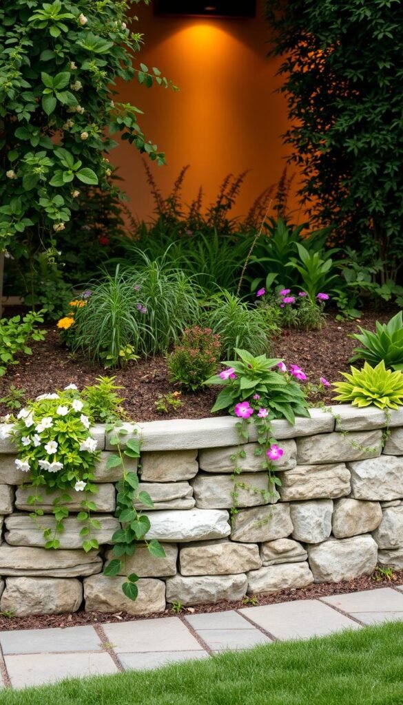 A lush, meticulously planned garden with a beautifully crafted retaining wall in the foreground. The wall is constructed from natural stone, blending seamlessly with the surrounding foliage. Cascading flowers and trailing vines spill over the edges, adding a touch of whimsy. In the middle ground, a variety of thriving plants, each carefully selected to complement the overall aesthetic. The background features a warm, diffused lighting, creating a cozy, inviting atmosphere. The entire scene radiates a sense of tranquility and the perfect harmony between nature and human design.