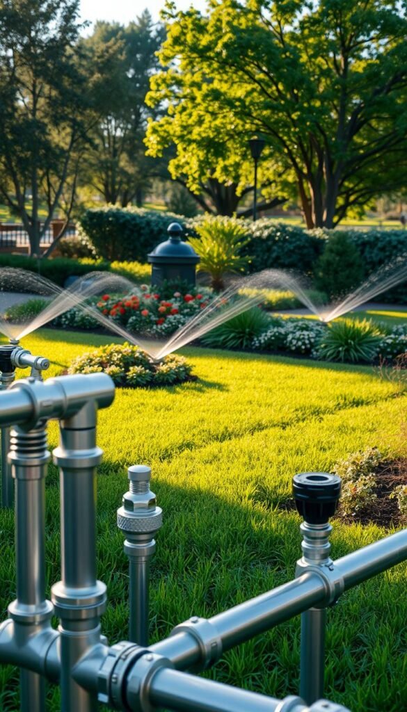 A lush, meticulously planned garden with clearly defined irrigation zones. In the foreground, a network of pipes and sprinklers, their silver surfaces gleaming under warm afternoon sunlight. In the middle ground, neatly manicured flowerbeds and verdant grass, each section watered by its own precisely configured system. The background features a blend of mature trees and shrubs, their foliage casting soft, dappled shadows across the scene. The overall composition conveys a sense of order, efficiency, and harmonious integration of natural and manmade elements, reflecting the thoughtful planning and design of an advanced smart irrigation setup.