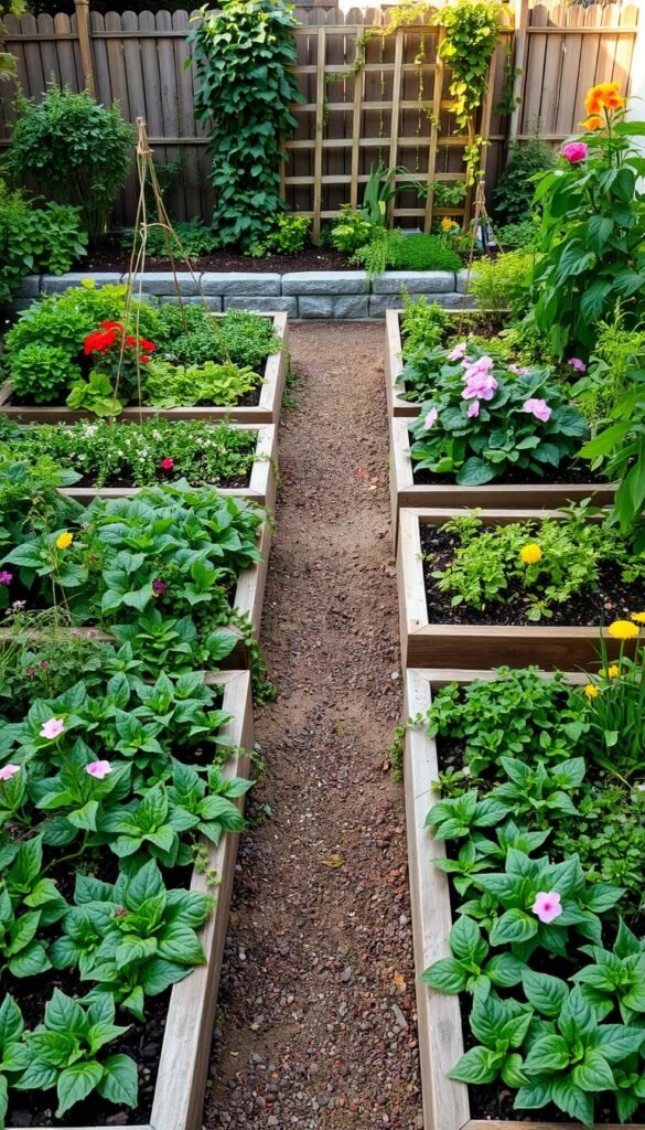 A lush, meticulously planned raised garden bed layout, showcasing a harmonious arrangement of vegetables, herbs, and flowering plants. The foreground features a series of neatly organized, rectangular beds with a mix of leafy greens, vibrant flowers, and trailing vines, creating a visually appealing and space-efficient design. The middle ground presents a central path winding through the beds, allowing for easy navigation and maintenance. In the background, a subtle blend of natural elements, such as a wooden trellis or a stone border, frames the scene, enhancing the overall aesthetic. The lighting is soft and natural, casting gentle shadows that accentuate the textures and colors of the plants. The resulting image conveys a sense of order, productivity, and a thoughtful approach to maximizing a limited garden space.