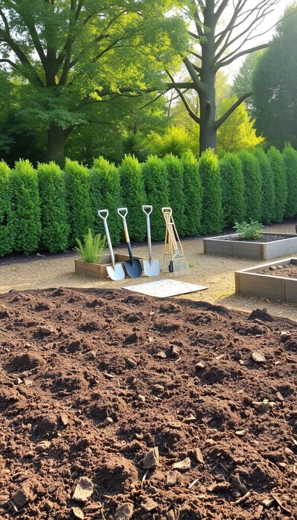 A lush, meticulously prepared garden site, with freshly tilled soil and neatly arranged raised beds. The foreground showcases a hand-cultivated plot, the earth turned over and ready for planting, surrounded by carefully placed mulch or compost. In the middle ground, a variety of gardening tools - shovels, rakes, and trowels - stand ready, their metal surfaces gleaming in the warm, diffused sunlight. In the background, a neatly pruned hedge or fence line creates a sense of order and containment, while a few towering trees provide dappled shade, casting a gentle, calming atmosphere over the entire scene. The overall impression is one of purposeful preparation, a harmonious balance between human effort and natural elements, setting the stage for a thriving, low-maintenance backyard garden.