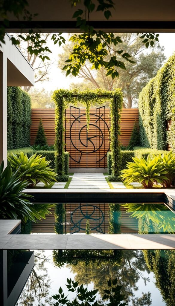 A lush, modern garden oasis with clean-lined architectural elements and minimalist design features. In the foreground, a serene reflecting pool reflects the surrounding greenery and geometric stone pavers. The middle ground showcases a sculptural metal trellis adorned with cascading vines, casting intricate shadows. In the background, a slatted wood privacy fence and neatly trimmed hedges frame the scene, creating a sense of tranquility. Warm, diffused sunlight filters through, enhancing the sophisticated, contemporary atmosphere. The overall composition seamlessly blends natural and manmade materials, embodying the evolution of garden design.