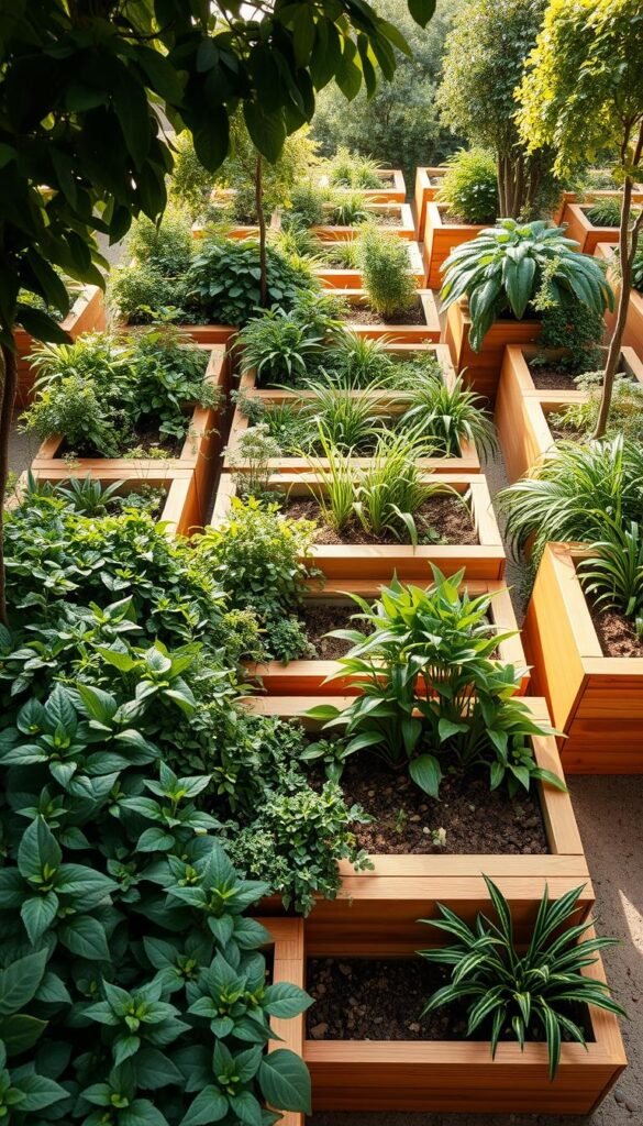 A lush, modular garden featuring a series of raised, rectangular planter beds arranged in a harmonious, geometric pattern. The beds are constructed with warm, natural wood panels, their clean lines contrasting beautifully with the vibrant foliage spilling over their edges. Soft, diffused sunlight filters through the surrounding greenery, casting gentle shadows and highlighting the textures of the plants. The overall composition exudes a sense of tranquility and intentional, yet organic, design. A wide-angle, eye-level perspective captures the full scope of this modular garden oasis, inviting the viewer to imagine themselves immersed in this dynamic, flexible landscape.