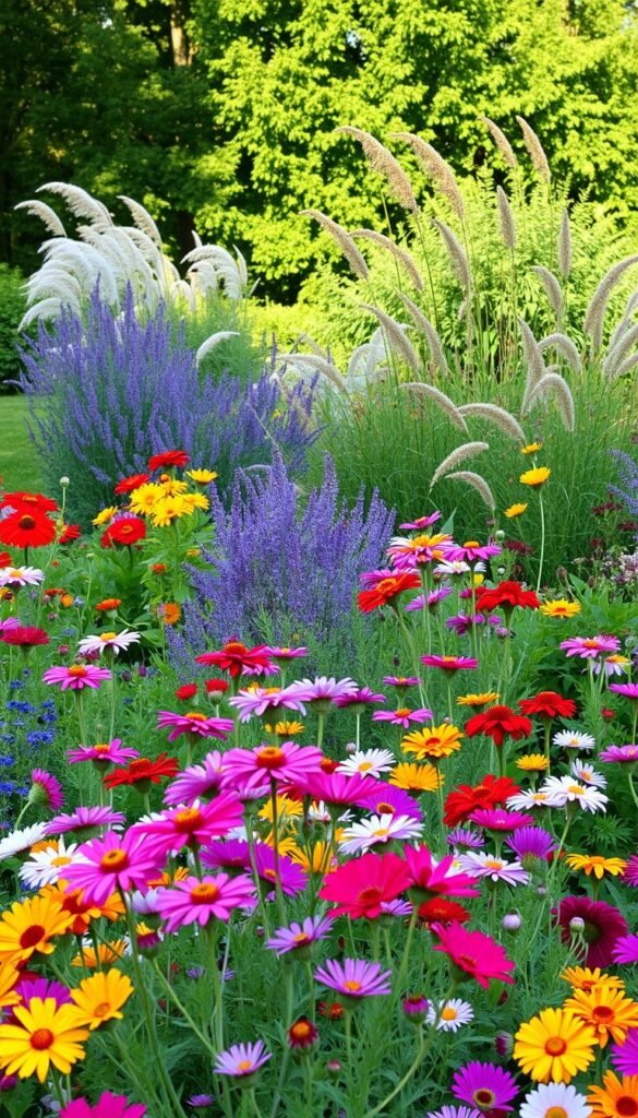 A lush, multilayered flower garden in soft afternoon light. In the foreground, a vibrant tapestry of annual blooms in a variety of colors and textures - billowing cosmos, delicate snapdragons, and cheerful zinnias. In the middle ground, a mix of tall, swaying perennials like purple coneflowers, fragrant lavender, and ornamental grasses, creating depth and visual interest. The background features a verdant backdrop of mature trees and shrubs, casting dappled shadows and lending an aura of tranquility. The overall composition conveys a sense of harmony, with each element complementing the others to form a cohesive, visually captivating display.
