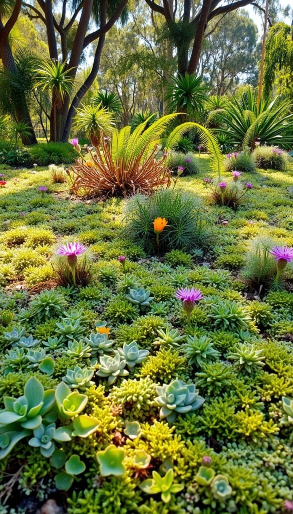 A lush, natural scene featuring a diverse array of native Australian groundcovers and foliage accents. In the foreground, a soft carpet of low-growing succulents and mosses, their textured leaves shimmering in the warm, dappled sunlight. Interspersed are vibrant splashes of color from native wildflowers, their petals gently swaying. In the middle ground, a mix of low-growing shrubs and ferns, their leaves cascading in soft, organic forms. In the background, the canopy of taller native trees filters the light, creating a serene, verdant atmosphere. The overall composition conveys a sense of peaceful harmony, showcasing the beauty and richness of Australia's indigenous plant life.