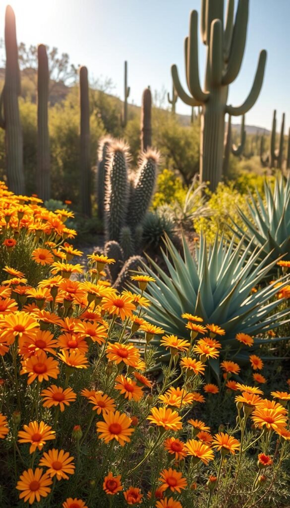 A lush oasis of drought-tolerant blooms, bathed in warm, golden sunlight. In the foreground, vibrant clusters of desert marigolds and sun-kissed daisies sway gently. The middle ground features towering agave plants, their spiky leaves casting long shadows. In the background, a verdant backdrop of prickly pear and ocotillo, their distinctive shapes silhouetted against a serene desert sky. The overall scene radiates a sense of resilience and natural beauty, capturing the essence of a flourishing desert garden. Captured with a wide-angle lens to showcase the depth and diversity of the drought-tolerant flora.