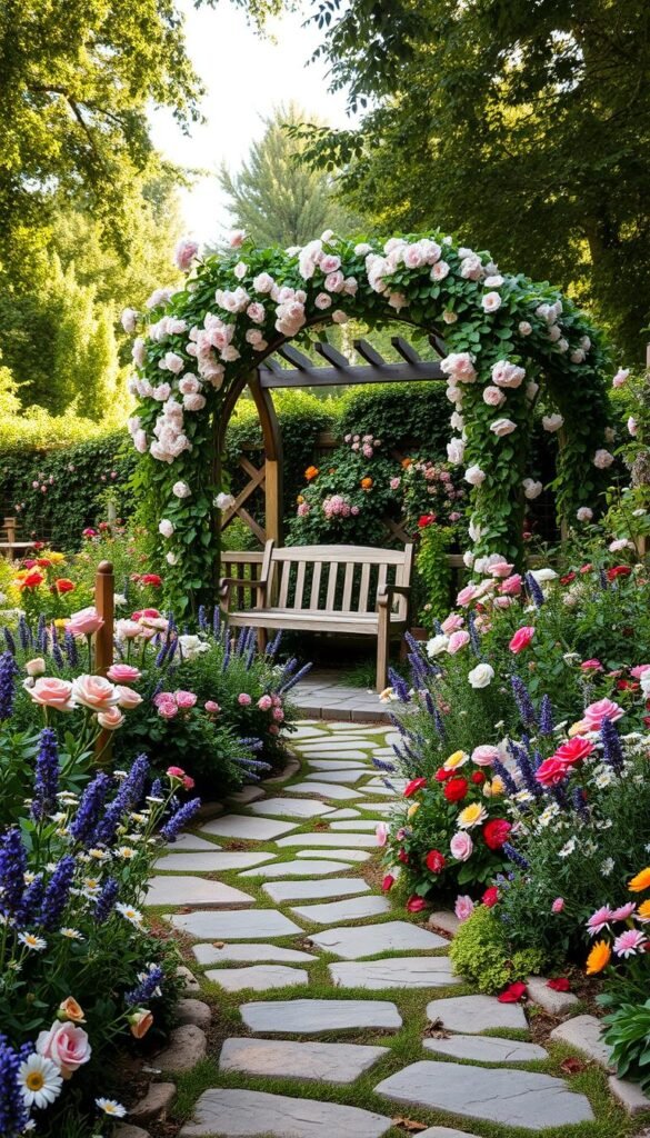 A lush, organic cottage garden layout adorned with a harmonious arrangement of colorful blooms, cascading vines, and meandering stone pathways. In the foreground, a whimsical mix of fragrant flowers such as roses, lavender, and daisies fringe a winding stone path. The middle ground features a picturesque arbor draped with flowering clematis, leading the eye towards a charming wooden bench nestled amidst a profusion of cottage-style perennials. The background showcases a verdant, overgrown fence lined with rambling roses, creating a sense of tranquility and seclusion. Dappled sunlight filters through the canopy of trees, casting a warm, softly-lit glow across the entire scene. The overall composition evokes a serene, inviting, and quintessentially English cottage garden aesthetic.