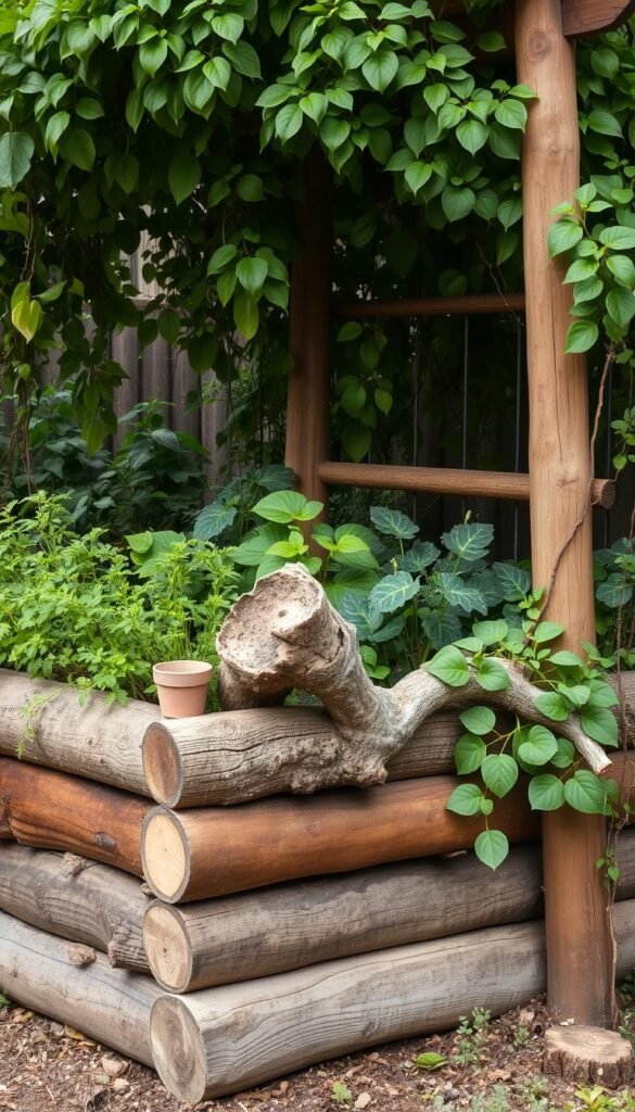 A lush, organic raised garden bed filled with a harmonious blend of weathered logs, gnarled branches, and a cascading canopy of vibrant leaves. The sturdy wooden frame stands as a rustic foundation, supporting a rich tapestry of natural textures and earthy hues. Soft, diffused lighting filters through the verdant foliage, casting gentle shadows and highlighting the tactile surfaces. The scene exudes a sense of peaceful abundance, inviting the viewer to explore the bountiful layers of this nourishing, budget-friendly garden setup.