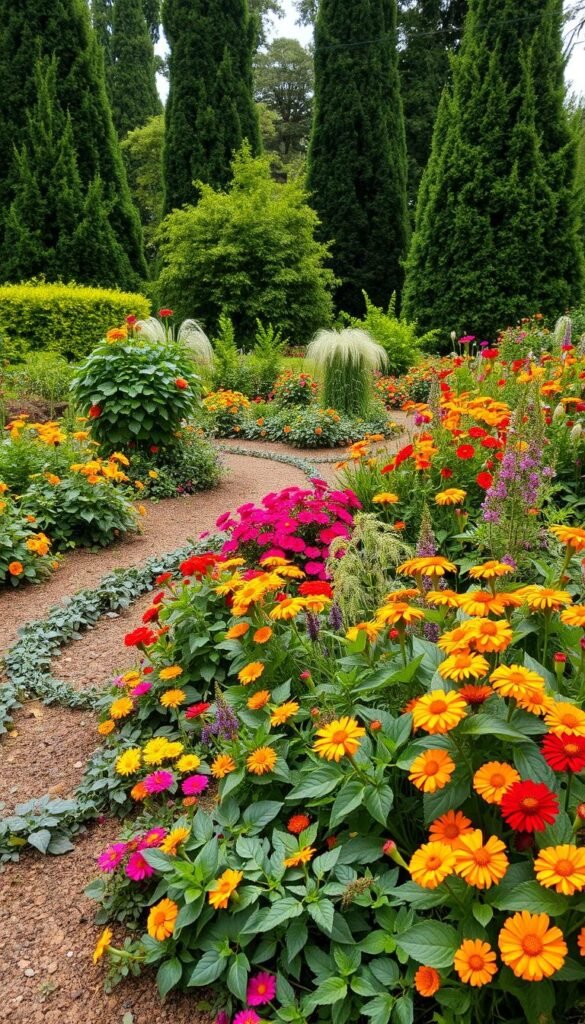 A lush, ornamental garden bed filled with a vibrant mix of edible plants and flowers. In the foreground, an abundance of leafy greens, colorful edible blooms, and trailing vines cascade over winding garden paths. In the middle ground, bursts of vibrant florals in warm hues - marigolds, zinnias, and cosmos - intermingle with productive vegetables and herbs. The background features a verdant backdrop of towering trees and shrubs, casting a soft, natural light across the scene. The overall composition exudes a sense of abundance, beauty, and functionality, inviting the viewer to step into this edible and ornamental wonderland.