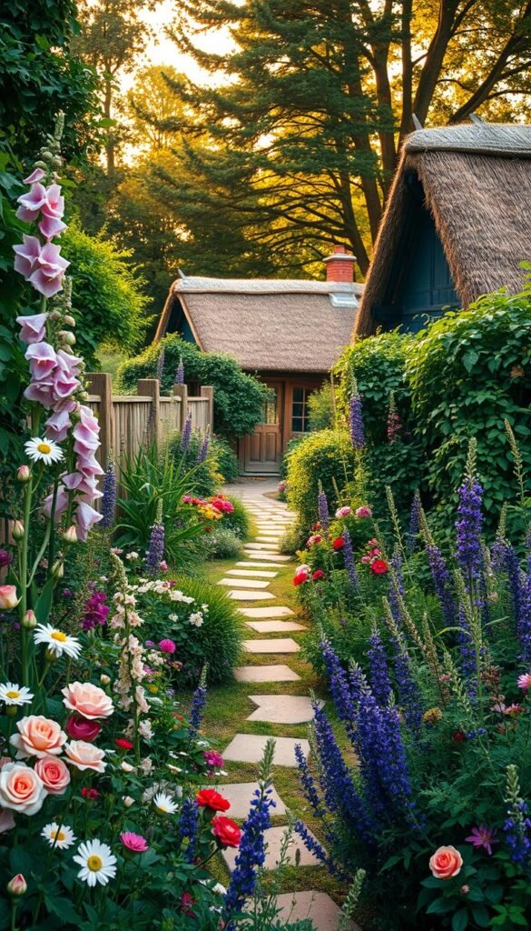 A lush, overgrown cottage garden, bursting with vibrant blooms and whimsical foliage. In the foreground, an abundance of delicate flowers like English roses, lavender, and hollyhocks sway gently in a soft breeze. The middle ground showcases a charming stone pathway winding through the garden, flanked by towering delphiniums and cascading vines. In the background, a quaint, weathered wooden fence frames the scene, with a glimpse of a thatched-roof cottage peeking through. Warm, golden afternoon light filters through the canopy of trees, casting a dreamy, romantic glow over the entire tableau. The overall mood is one of rustic, timeless beauty and tranquility.