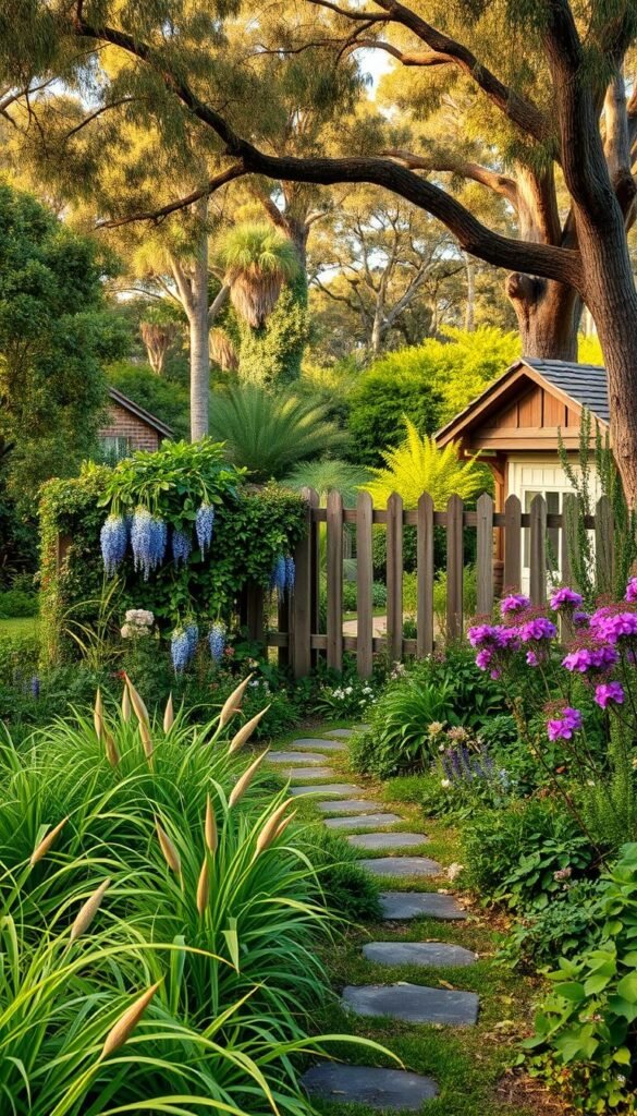 A lush, overgrown cottage garden overflows with vibrant native Australian flora. In the foreground, a profusion of billowing native grasses, towering banksia bushes, and sprawling ground covers spill over a mossy stone path. Midground, an old wooden fence is draped in cascading wisteria vines and flanked by towering eucalyptus trees. In the background, a quaint weathered cottage nestles amidst a verdant sea of towering tree ferns, kangaroo paw, and bottlebrush. Soft, warm afternoon light filters through the canopy, casting a dreamy, romantic glow over the entire scene. Lens: 50mm. Depth of field: medium.