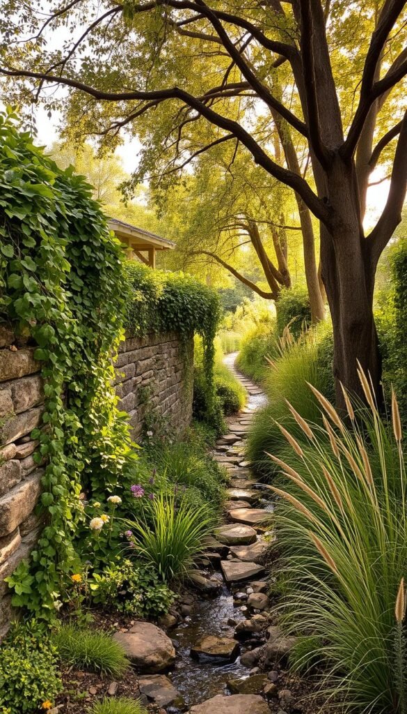 A lush, overgrown garden oasis, bursting with natural charm. In the foreground, cascading vines and trailing foliage spill over weathered stone walls, creating a sense of effortless beauty. The middle ground features a winding pathway flanked by wildflowers and tall grasses, inviting exploration. Dappled sunlight filters through a canopy of mature trees, casting a warm, golden glow over the scene. A small, meandering stream cuts through the landscape, its gentle sound adding to the serene, contemplative atmosphere. This informal, organic garden embraces the beauty of nature's imperfections, blending formal and informal elements to create a dynamic, enchanting space. A lush, overgrown garden oasis, bursting with natural charm. In the foreground, cascading vines and trailing foliage spill over weathered stone walls, creating a sense of effortless beauty. The middle ground features a winding pathway flanked by wildflowers and tall grasses, inviting exploration. Dappled sunlight filters through a canopy of mature trees, casting a warm, golden glow over the scene. A small, meandering stream cuts through the landscape, its gentle sound adding to the serene, contemplative atmosphere. This informal, organic garden embraces the beauty of nature's imperfections, blending formal and informal elements to create a dynamic, enchanting space.