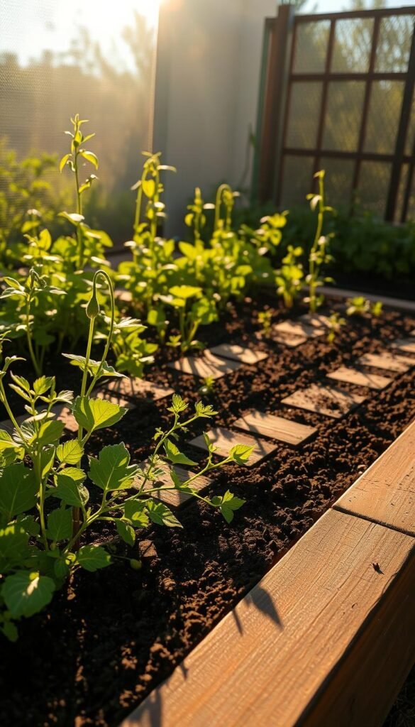 A lush raised garden bed bathed in warm, diffused sunlight. The wooden planks cast intricate shadow patterns across the soil, creating a captivating interplay of light and texture. Flourishing plants reach towards the sky, their vibrant leaves catching the golden rays. The scene exudes a sense of tranquility and harmony, inviting the viewer to imagine tending to this well-designed, productive garden oasis. Captured with a wide-angle lens to showcase the efficient layout and optimize the use of available space. The overall mood is one of serene productivity, perfectly suited to illustrate strategies for maximizing sunlight coverage in a raised bed garden.