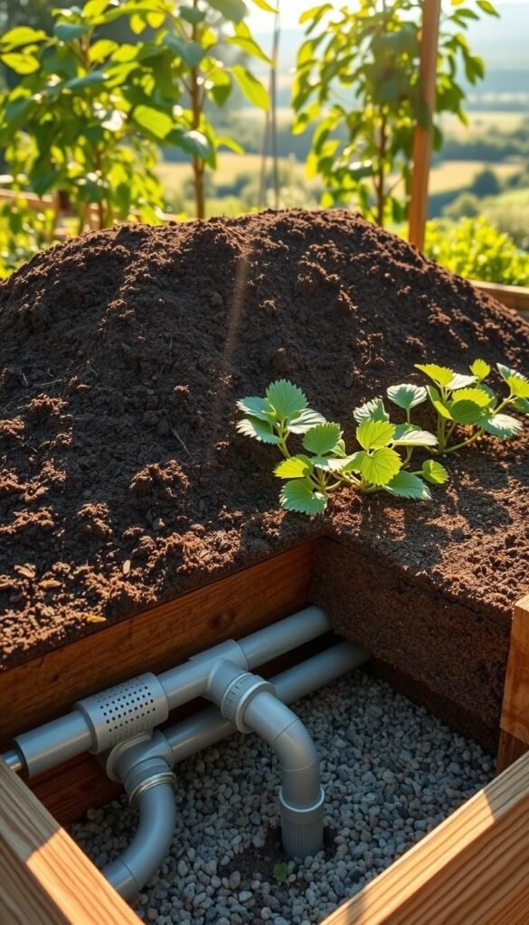 A lush raised garden bed, its soil mounded high, surrounded by a wooden frame. Sunlight filters through, casting warm shadows across the soil's surface. In the foreground, a cutaway view reveals the intricate drainage system - a network of perforated pipes and gravel, allowing excess water to flow freely, preventing waterlogging and promoting healthy root growth. The middle ground showcases verdant, thriving plants, their leaves gently swaying. In the background, a tranquil landscape unfolds, hinting at the benefits of elevated gardening - improved air circulation, easier access, and protection from pests. The scene exudes a sense of orderly abundance, a testament to the well-designed raised bed's ability to unlock the full potential of your garden.