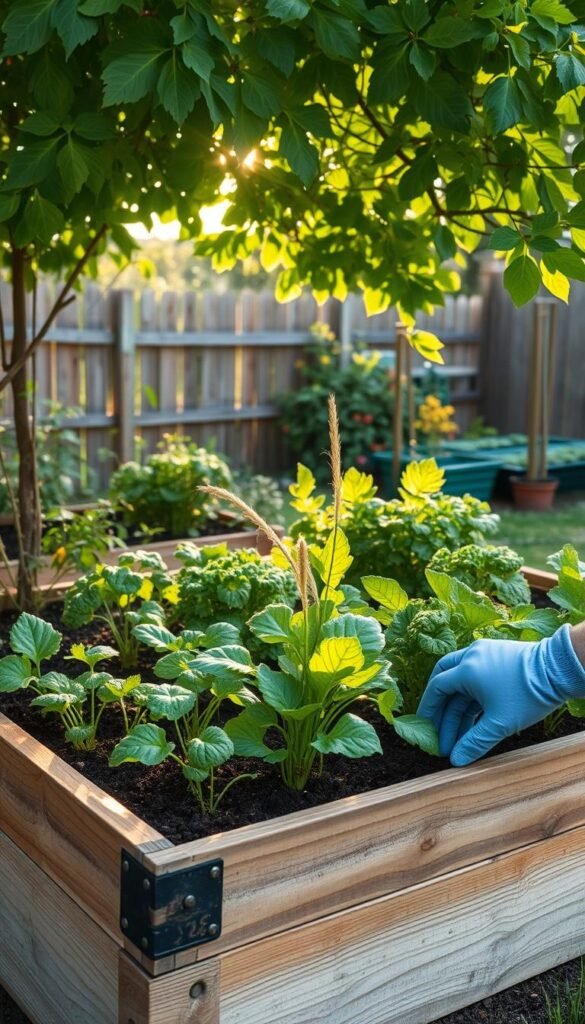 A lush raised garden bed nestled in a serene backyard, with vibrant vegetables and herbs thriving in the well-tended soil. The bed is constructed with weathered wood planks, creating a rustic, inviting aesthetic. Sunlight streams in through a canopy of verdant foliage, casting a warm, natural glow over the scene. In the foreground, a pair of gloved hands carefully tend to the plants, showcasing the hands-on, therapeutic nature of raised bed gardening. The background features a tranquil setting, perhaps with a wooden fence or a small shed, emphasizing the self-contained, low-maintenance nature of this gardening method. The overall composition conveys the benefits of raised bed gardening, including improved soil quality, increased accessibility, and the joy of cultivating a thriving, bountiful garden in a compact space.