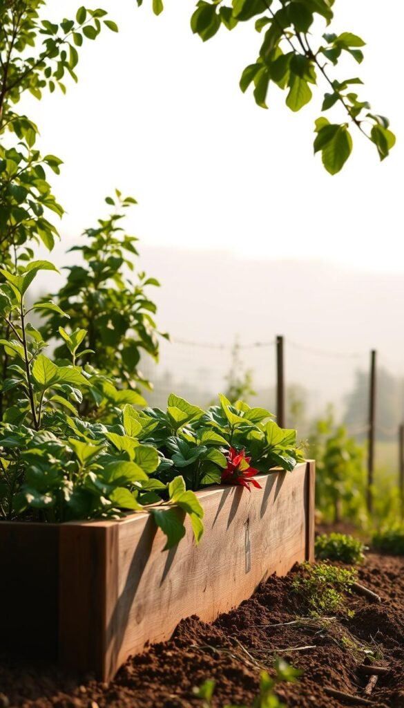 A lush raised garden bed nestled in a serene, natural setting. Vibrant plants and vegetables thrive in the rich, loamy soil, their leaves glistening in the warm, diffused sunlight. The bed's sturdy, wooden frame stands as a testament to its durability, complementing the verdant landscape. In the background, a soft, hazy sky adds to the tranquil atmosphere, inviting the viewer to imagine the bountiful harvest and the joys of gardening. The composition captures the essential benefits of raised garden beds: improved drainage, better soil quality, and easy accessibility, all while showcasing the beauty and abundance they can bring to any outdoor space.