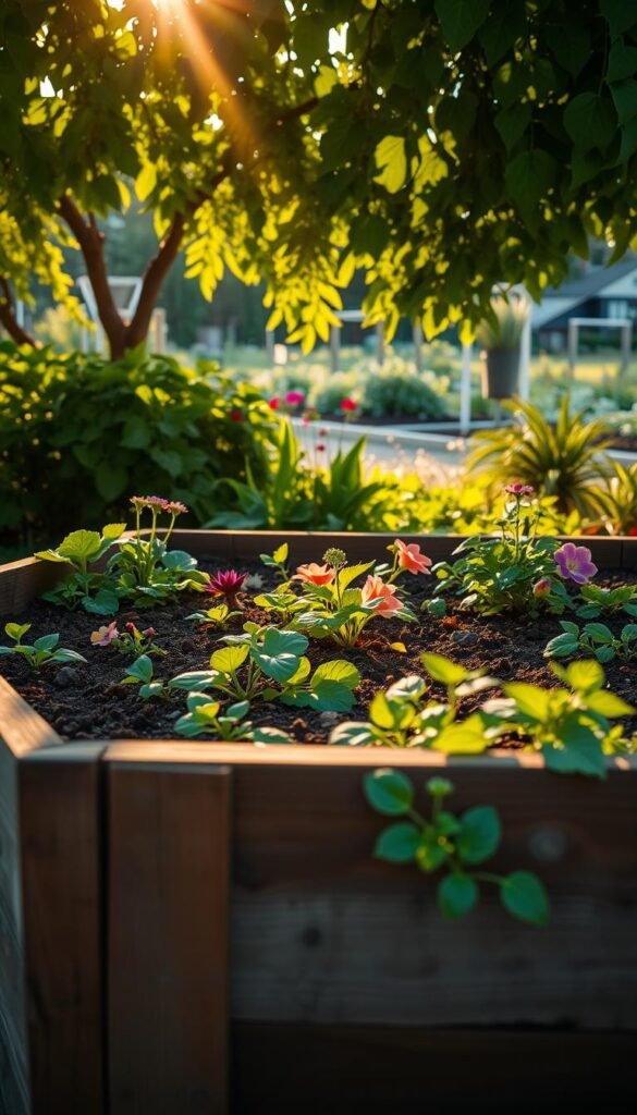 A lush, raised garden bed with well-drained soil, illuminated by warm, golden sunlight filtering through a canopy of verdant foliage. The bed's wooden frame stands in the foreground, its planks weathered yet sturdy, supporting the deep, loamy soil brimming with vibrant plants. In the middle ground, a vibrant mix of leafy greens, colorful flowers, and thriving vegetables thrive, their roots anchored in the expertly amended, aerated soil. In the background, a tranquil garden scene unfolds, showcasing the benefits of raised bed gardening for optimized drainage and plant growth. The overall scene conveys a sense of abundance, vitality, and the harmonious integration of human-made and natural elements. A lush, raised garden bed with well-drained soil, illuminated by warm, golden sunlight filtering through a canopy of verdant foliage. The bed's wooden frame stands in the foreground, its planks weathered yet sturdy, supporting the deep, loamy soil brimming with vibrant plants. In the middle ground, a vibrant mix of leafy greens, colorful flowers, and thriving vegetables thrive, their roots anchored in the expertly amended, aerated soil. In the background, a tranquil garden scene unfolds, showcasing the benefits of raised bed gardening for optimized drainage and plant growth. The overall scene conveys a sense of abundance, vitality, and the harmonious integration of human-made and natural elements.