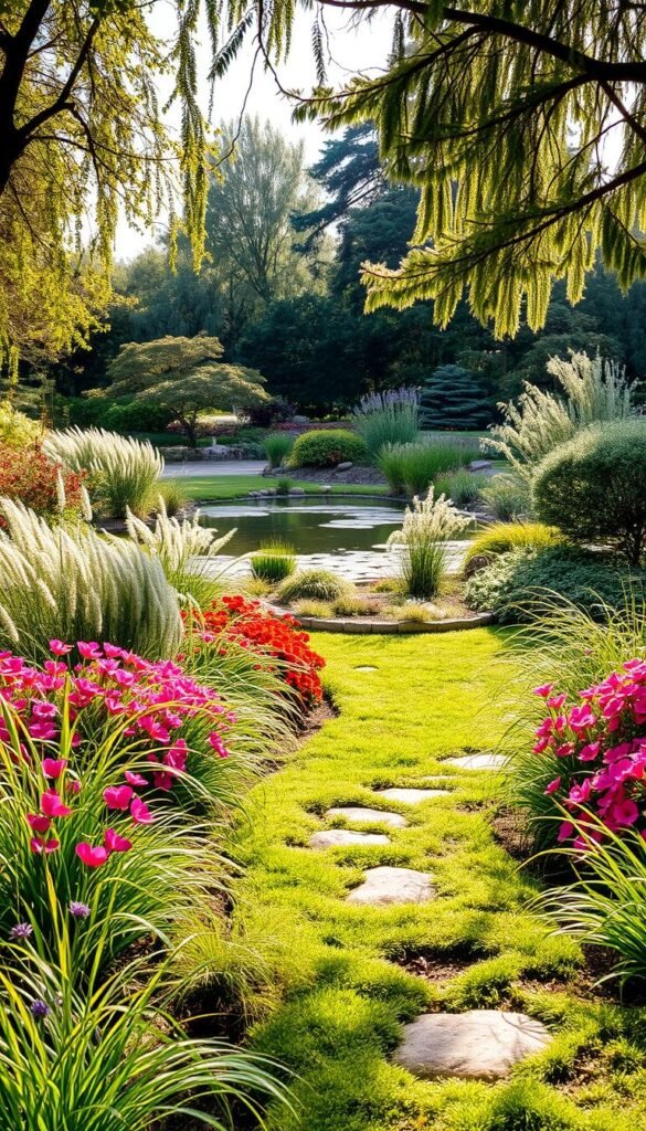 A lush, serene garden layout with a sense of movement and flow. In the foreground, a meandering path winds through vibrant flowerbeds, punctuated by gently swaying grasses. In the middle ground, a tranquil pond reflects the dappled sunlight, its surface rippling with the gentle breeze. Towards the background, a carefully curated arrangement of trees and shrubs creates a sense of depth and layering, their branches and foliage gently rustling. The overall composition evokes a harmonious balance between structure and organic fluidity, inviting the viewer to explore and experience the garden's dynamic beauty.