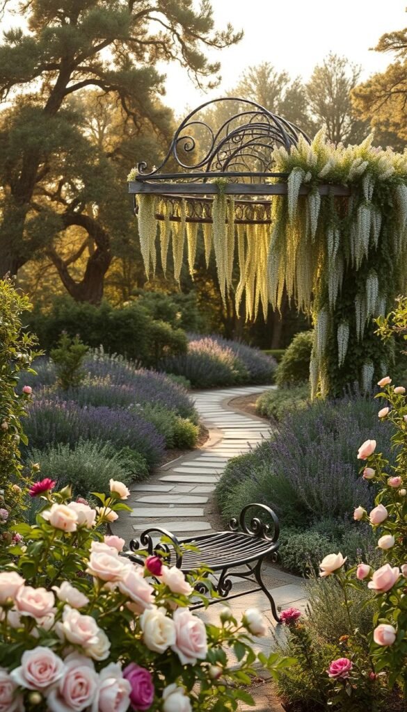 A lush, sprawling vintage garden bursting with elegance and charm. In the foreground, a wrought-iron bench nestled amidst a tapestry of blooming florals - roses, peonies, and trailing vines in a soft, muted color palette. The middle ground features a winding stone path flanked by overgrown beds of lavender, rosemary, and other fragrant herbs. Overhead, a canopy of mature oak trees filters the warm, golden sunlight, casting a gentle, romantic glow across the scene. A weathered, ornate garden trellis draped in cascading wisteria vines serves as a captivating focal point. The overall atmosphere evokes a sense of timeless, effortless beauty - a harmonious blend of nature's abundance and vintage elegance.