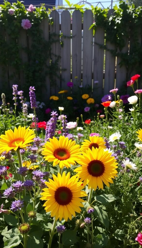 A lush, sun-dappled cottage garden filled with vibrant blooms. In the foreground, a cluster of cheerful sunflowers soak up the warm rays, their golden petals radiating energy. Interspersed among them, delicate purple and white flowers - possibly lavender or catmint - cast soft, filtered shadows across the scene. In the middle ground, a mix of colorful perennials - delphiniums, peonies, and perhaps some pink poppies - thrive in the dappled light. The background features a charming wooden fence, partially obscured by a cascade of climbing vines and verdant foliage, creating a sense of depth and enclosure. The overall mood is one of tranquility, beauty, and the perfect balance of sun and shade.