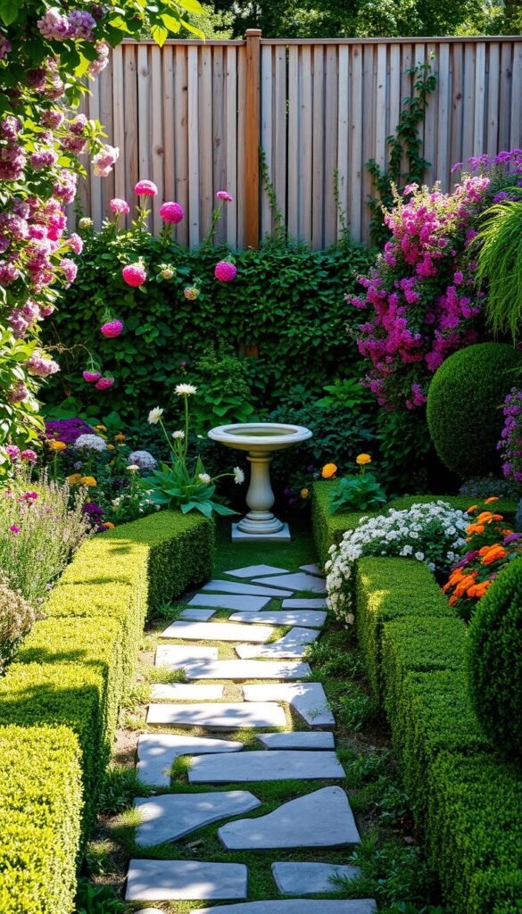 A lush, sun-dappled cottage garden, overflowing with a vibrant tapestry of perennials and climbing vines. In the foreground, a winding stone path leads through a carefully curated arrangement of stepping stones, interspersed with low-growing groundcover. Flanking the path, neatly trimmed boxwood hedges frame the scene, their verdant hues complementing the surrounding blooms. In the middle ground, a charming stone birdbath stands as a focal point, its tranquil waters reflecting the dappled light. Towering behind, a weathered wooden fence serves as a backdrop, its natural texture and warm tones adding depth and character to the composition. The overall atmosphere exudes a timeless, quintessentially English charm, inviting the viewer to pause and immerse themselves in the serene beauty of this classic cottage garden hardscaping.