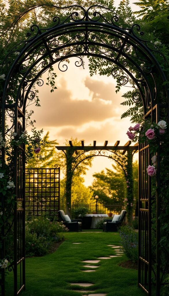 A lush, sun-dappled cottage garden with an array of ornate, wrought-iron arbors and trellises. In the foreground, a charming archway adorned with cascading vines and delicate flowers frames the entrance to a winding path. In the middle ground, a series of elegant, latticed trellises support the growth of climbing roses, their blooms bursting with color. In the background, a wooden pergola casts soft shadows over a secluded seating area, creating an inviting, tranquil atmosphere. The scene is illuminated by warm, golden light filtered through wispy clouds, casting a serene, romantic glow over the entire landscape.
