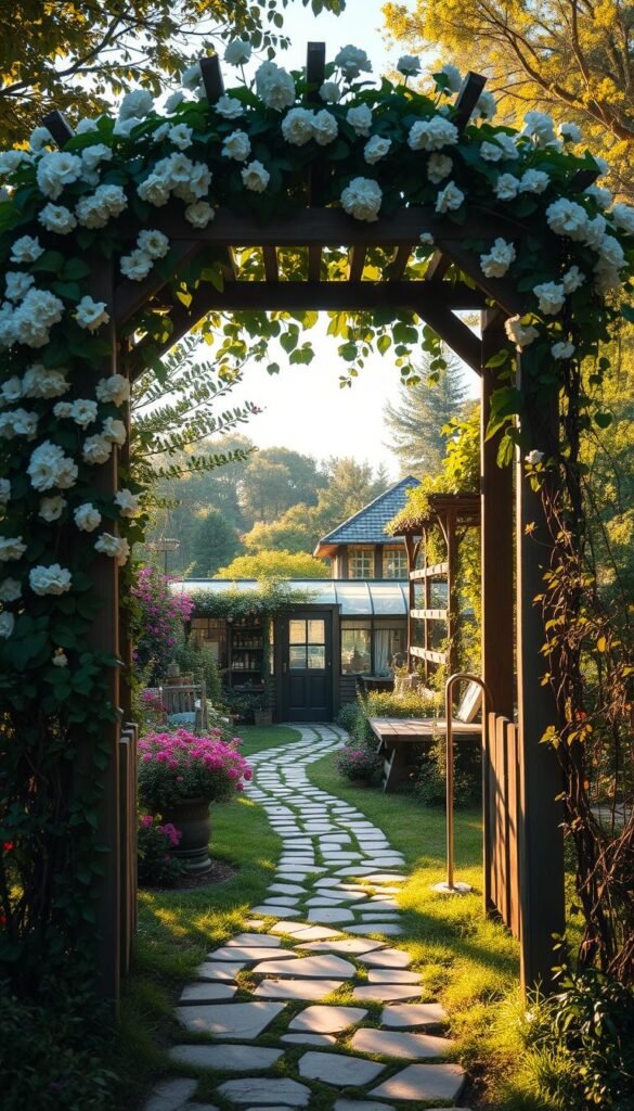 A lush, sun-dappled cottage garden with whimsical structures and meandering pathways. In the foreground, a charming wooden arbor draped in blooming vines beckons visitors down a flagstone path. Towering trellises supporting cascading flowers frame the middle ground, while a rustic greenhouse and potting shed peek out from the verdant background. Warm, golden light filters through the canopy, casting a soft, dreamy glow over the scene. The overall atmosphere is one of enchantment and timeless beauty, inviting exploration and tranquil contemplation.
