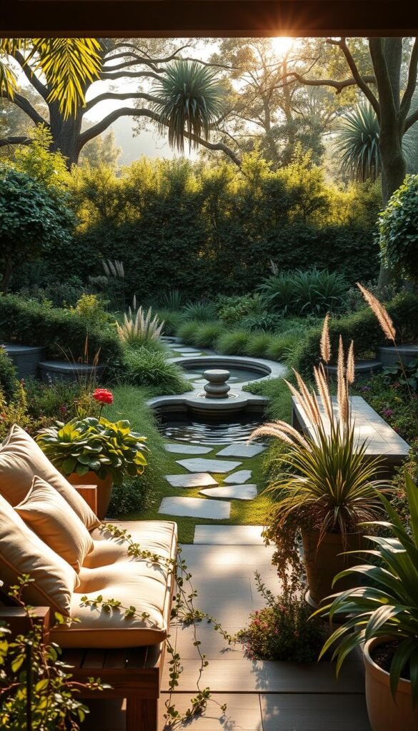 A lush, sun-dappled garden design layout, with a harmonious blend of indoor and outdoor elements. In the foreground, an inviting seating area with plush cushions and a weathered wooden bench, surrounded by potted plants and trailing vines. The middle ground features a stone pathway leading to a tranquil water feature, its gentle ripples reflecting the sky. Bordering the scene, a mix of verdant shrubs, flowering perennials, and tall grasses create a naturalistic, layered backdrop. Soft, warm lighting filters through the canopy of mature trees, casting a golden glow and enhancing the overall sense of serenity. The composition emphasizes a seamless transition between the interior and exterior, blending the boundaries for a cohesive, immersive garden experience.