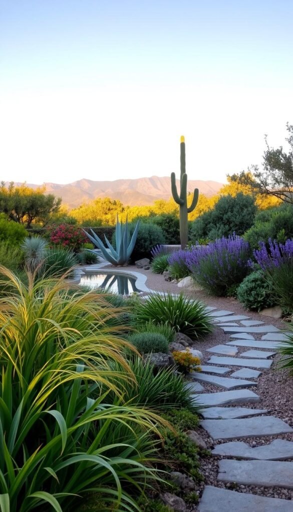 A lush, sun-dappled garden path winds through a serene, water-wise landscape. In the foreground, a mix of drought-resistant plants - succulents, cacti, and ornamental grasses - sway gently in a warm breeze. The middle ground features a tranquil, minimalist water feature, its reflective surface mirroring the verdant foliage. Towering, sculptural agave plants and fragrant lavender bushes border the path, creating a sense of enchantment. The background showcases distant, rugged mountains, their silhouettes bathed in the golden glow of the setting sun. The overall atmosphere is one of harmony, resilience, and a deep connection to the natural world.