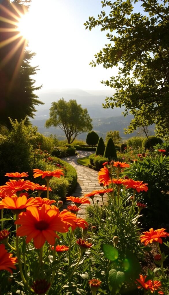 A lush, sun-dappled garden scene, captured through a wide-angle lens. In the foreground, an array of vibrant flowers in bloom, their petals basking in warm, golden light. The middle ground reveals a meandering garden path, flanked by verdant foliage and strategically placed shade trees. In the background, a picturesque landscape unfolds, with rolling hills and a distant horizon bathed in a soft, hazy glow. The overall composition conveys a sense of tranquility and a harmonious interplay between sunlight exposure and the garden's carefully curated layout.