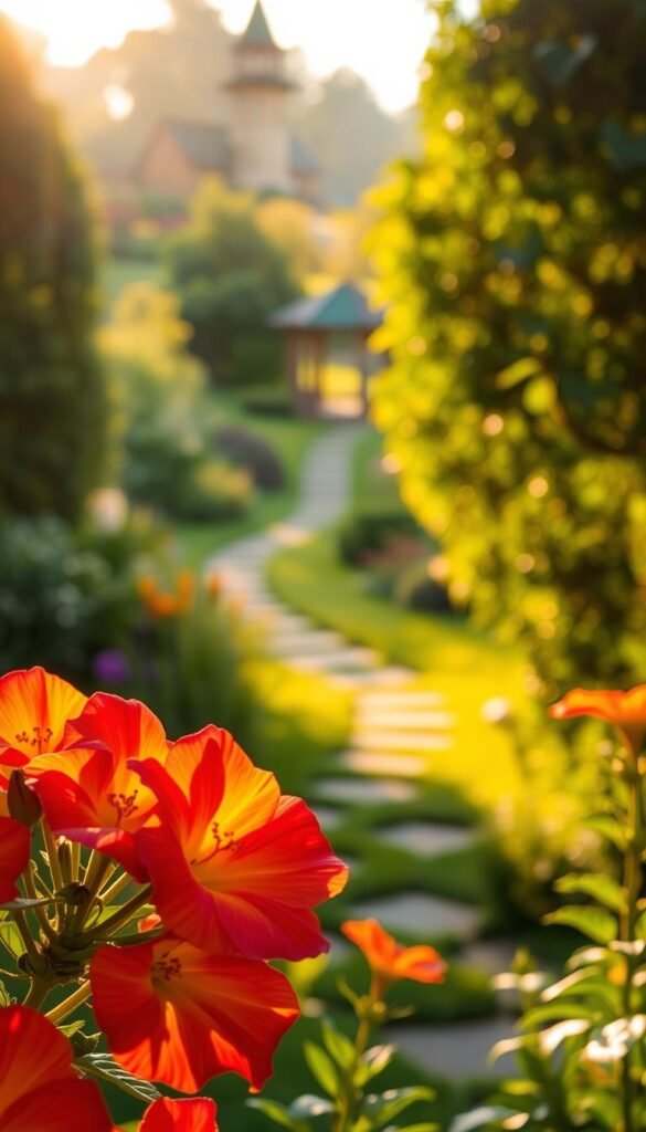 A lush, sun-dappled garden scene with vibrant blooms in the foreground, their petals aglow with warm golden light. In the middle ground, a path winds through a verdant landscape, leading the eye towards a focal point of a charming gazebo or garden feature. The background is softly blurred, creating a sense of depth and atmosphere. The lighting is natural, with gentle shadows and highlights that accentuate the textures and colors of the plants. The overall mood is one of serene tranquility, inviting the viewer to immerse themselves in the beauty of the garden during the golden hour.