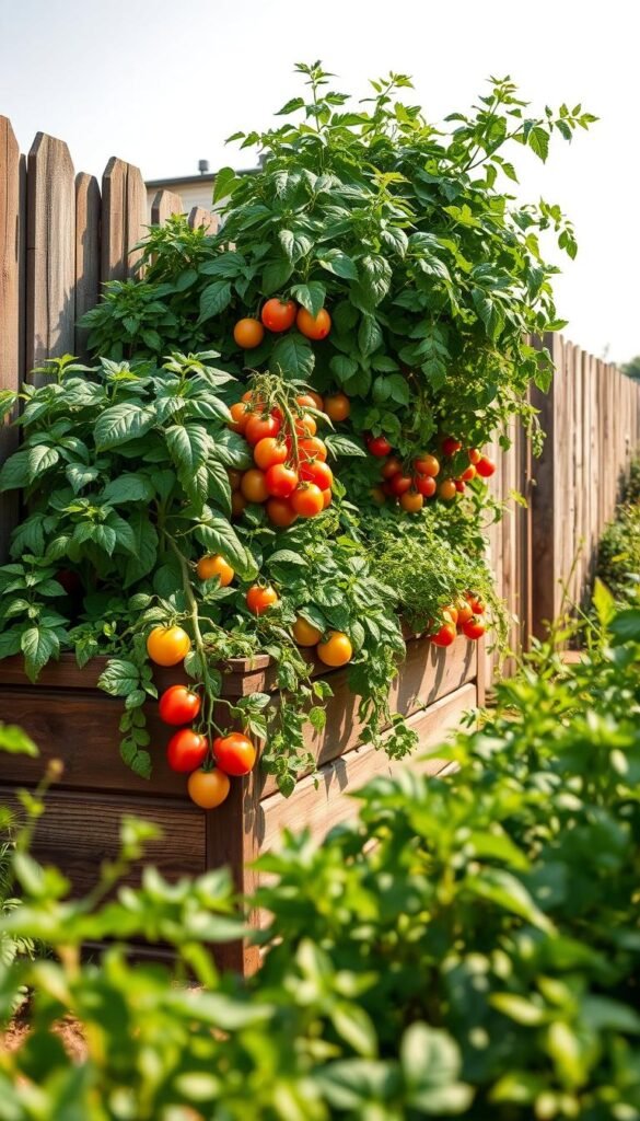 A lush, sun-dappled raised garden bed nestled against a rustic wooden fence, overflowing with a vibrant display of thriving vegetables and herbs. In the foreground, leafy greens and plump tomatoes cascade over the sturdy, elevated planter, their colors and textures rendered in rich, lifelike detail. The middle ground showcases the seamless integration of the raised bed with the surrounding fence, creating a harmonious and space-efficient landscape. In the background, a soft, hazy sky complements the earthy tones, lending a sense of tranquility and natural abundance. Warm, directional lighting casts gentle shadows, accentuating the dimensional quality of the scene and conveying the benefits of elevated, easily accessible gardening. A lush, sun-dappled raised garden bed nestled against a rustic wooden fence, overflowing with a vibrant display of thriving vegetables and herbs. In the foreground, leafy greens and plump tomatoes cascade over the sturdy, elevated planter, their colors and textures rendered in rich, lifelike detail. The middle ground showcases the seamless integration of the raised bed with the surrounding fence, creating a harmonious and space-efficient landscape. In the background, a soft, hazy sky complements the earthy tones, lending a sense of tranquility and natural abundance. Warm, directional lighting casts gentle shadows, accentuating the dimensional quality of the scene and conveying the benefits of elevated, easily accessible gardening.