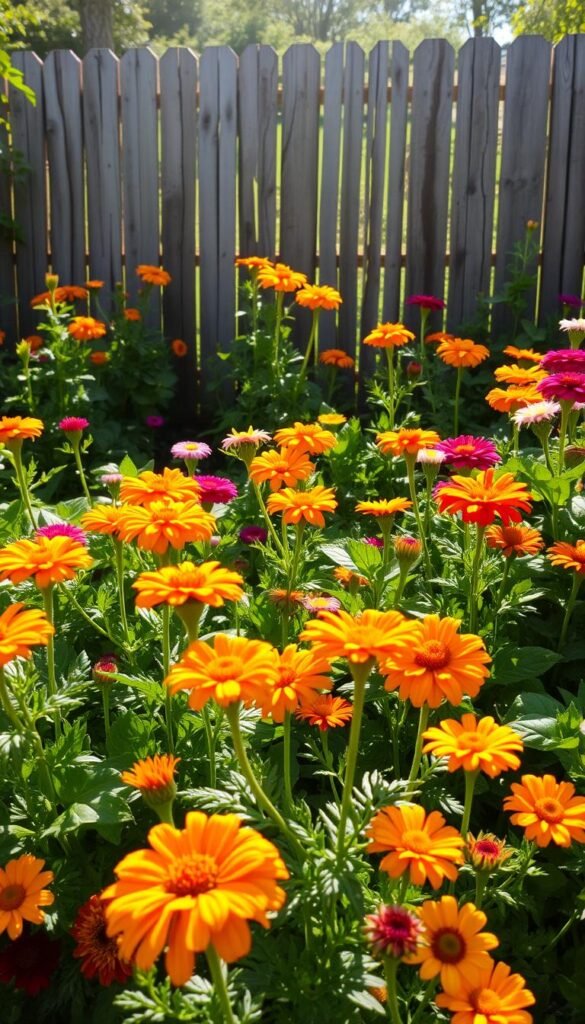 A lush, sun-dappled vegetable patch teeming with vibrant calendula marigolds, zinnias, and verdant greens. In the foreground, the delicate petals of the calendula flowers dance in the gentle breeze, their warm hues complementing the bold splashes of color from the zinnias. The middle ground reveals a thriving assortment of leafy vegetables, their healthy foliage interspersed with the cheerful blooms. In the background, a weathered wooden fence provides a rustic backdrop, accentuating the natural harmony of this flourishing companion planting. The scene is bathed in soft, golden light, casting a serene and inviting atmosphere, perfectly capturing the essence of a bountiful and beautifully integrated flower and vegetable garden.