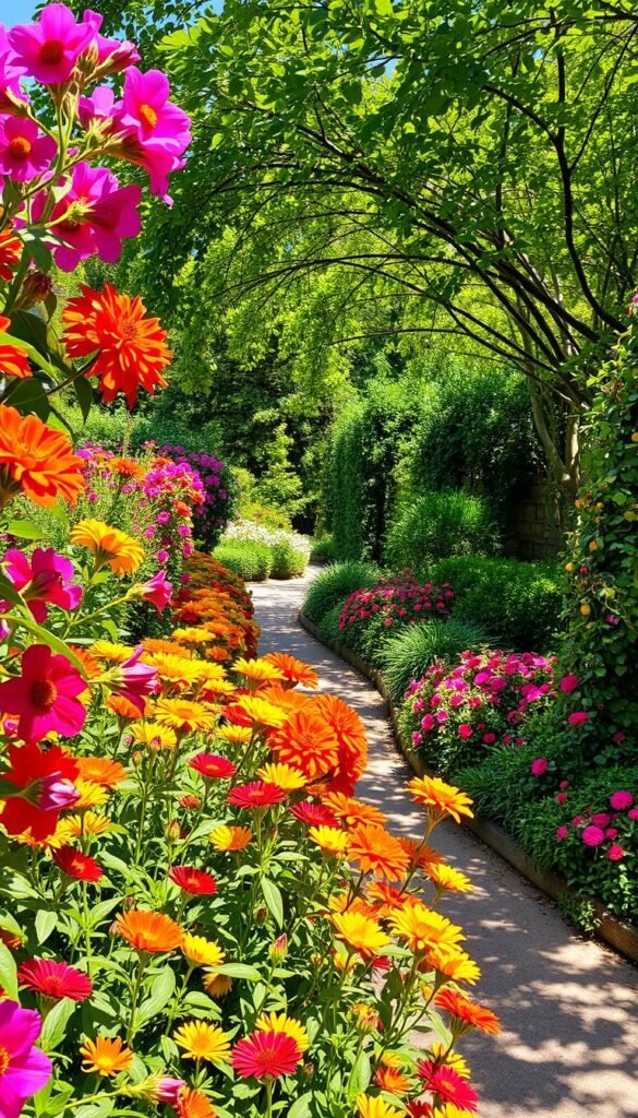 A lush, sun-drenched garden bursting with vibrant blooms and verdant foliage. In the foreground, a profusion of colorful flowers in hues of fuchsia, tangerine, and sunshine yellow sway gently in a soft breeze. The middle ground features a meandering garden path lined with overflowing flower beds and trailing vines. In the background, a canopy of leafy trees and shrubs creates a verdant, natural backdrop, casting a warm, dappled light over the entire scene. An overall sense of abundance, warmth, and natural beauty pervades the image, evoking a serene, joyful, and visually captivating garden aesthetic.