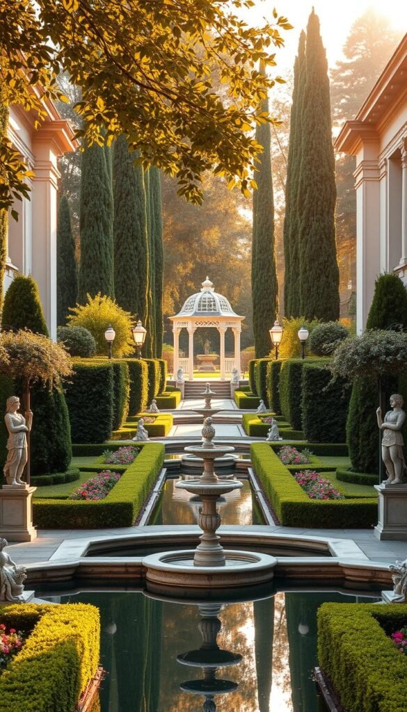 A lush, symmetrical garden with carefully manicured hedges and flower beds. Ornate stone fountains stand tall at the center, casting reflections across the still water. Elegant statues and trellises line the pathways, leading the eye towards a distant gazebo framed by towering cypress trees. Warm, golden sunlight filters through the leaves, casting a soft, romantic glow over the scene. The architecture features clean, classical lines and geometric patterns, creating a sense of balance and harmony. The overall impression is one of timeless elegance and careful attention to design principles.
