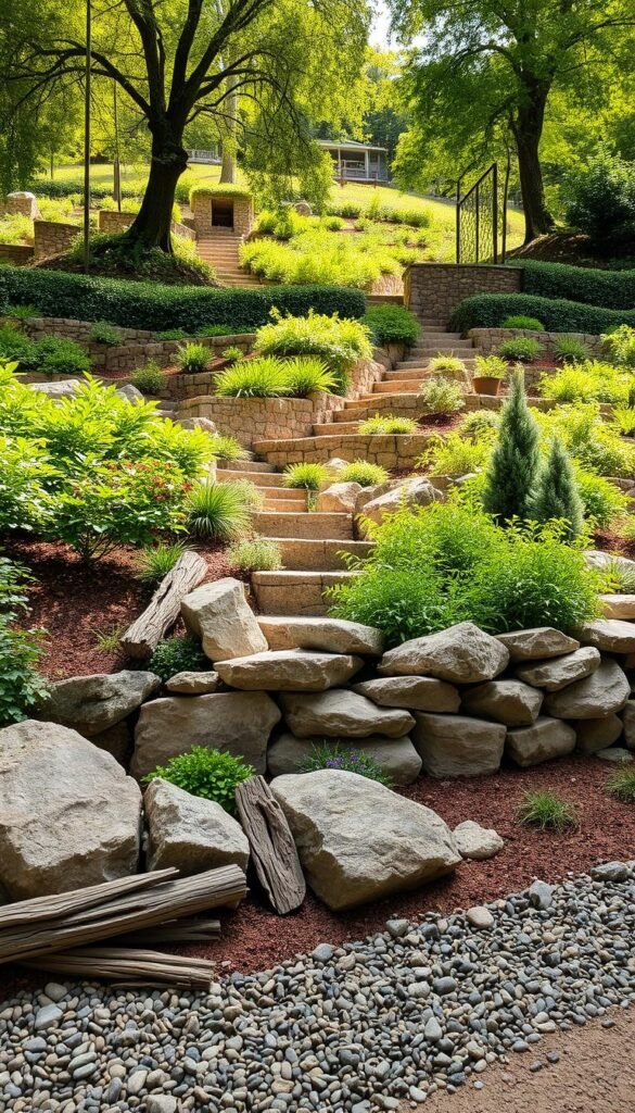 A lush, terraced garden cascading down a gentle slope, with natural stone retaining walls, rich earth tones, and a variety of textures. In the foreground, a mix of large boulders, weathered wood, and decorative gravel create a visually interesting border. The middle ground features stepped terraces overflowing with vibrant green foliage, while the background showcases a picturesque hillside backdrop with dappled sunlight filtering through the trees. The overall scene conveys a sense of rustic charm and harmonious integration with the surrounding landscape, ideal for a charming cottage garden on a sloped terrain.