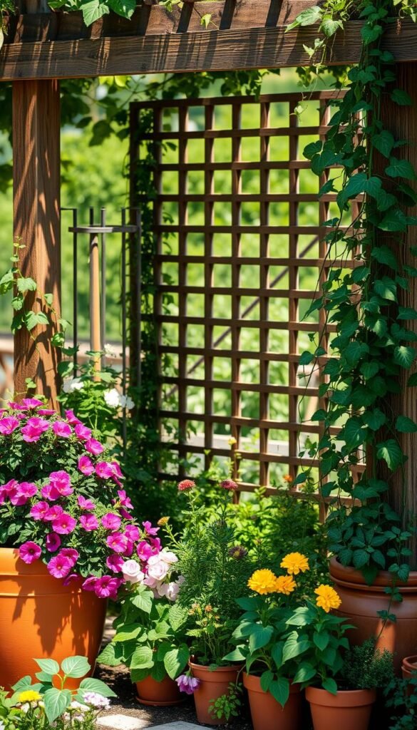 A lush, thriving container garden nestled amidst a sturdy wooden trellis. The foreground features an array of vibrant flowering plants and trailing vines spilling over the edges of terracotta pots, creating a cascading visual delight. In the middle ground, the trellis stands tall, its intricate lattice work providing the perfect support for climbing vegetables and trailing herbs. Dappled sunlight filters through the leaves, casting warm, gentle shadows across the scene. The background blurs softly, hinting at a verdant, well-tended raised bed garden, creating a sense of depth and harmony. The overall atmosphere evokes a tranquil, inviting space that beckons the viewer to step in and explore the bountiful, functional beauty of this carefully curated garden design.