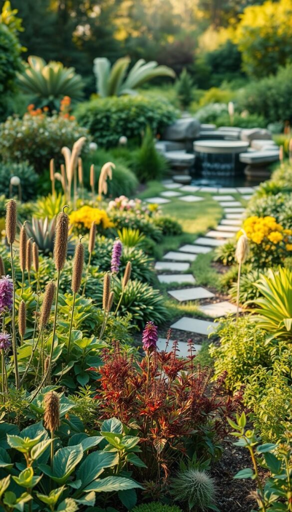 A lush, thriving garden with a harmonious layout showcasing the principles of eco-friendly design. In the foreground, native plants in a variety of shapes, sizes, and colors thrive, creating a visually captivating and biodiverse landscape. The middle ground features thoughtfully placed pathways winding through the garden, allowing for easy navigation while minimizing disturbance to the soil. In the background, a serene water feature reflects the natural surroundings, promoting a sense of tranquility and attracting local wildlife. The scene is bathed in warm, diffused light, creating a welcoming and inviting atmosphere. The overall composition emphasizes the integration of human and natural elements, exemplifying the essence of an eco-friendly garden design.