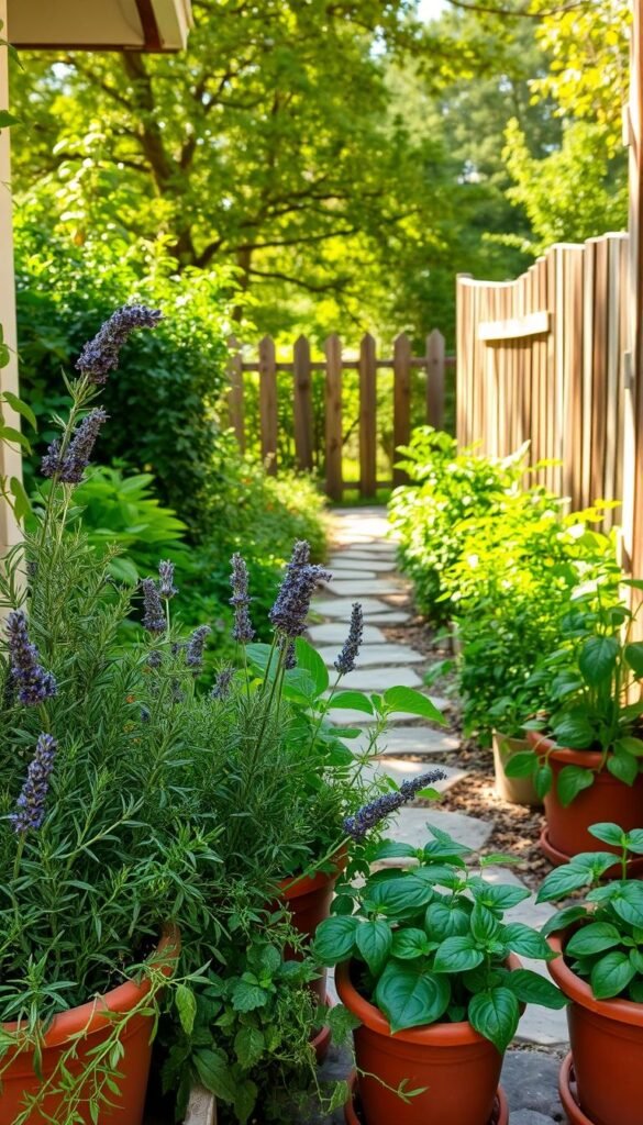 A lush, thriving herb garden nestled in a cozy cottage setting. In the foreground, an abundance of fragrant herbs - rosemary, lavender, thyme, and basil - growing in terra cotta pots, their leaves gently swaying in the soft breeze. The middle ground reveals a stone pathway winding through a tapestry of verdant foliage, inviting exploration. In the background, a rustic wooden fence frames the scene, its weathered planks contrasting with the vibrant green hues. Warm, dappled sunlight filters through the surrounding trees, casting a golden glow over the tranquil tableau. An air of serene harmony permeates the scene, radiating a sense of natural healing and wellbeing.