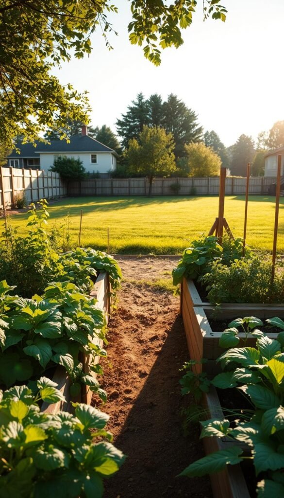 A lush, thriving raised garden bed against a backdrop of a sun-dappled suburban backyard. In the foreground, a profusion of healthy vegetables and herbs, their vibrant colors and textures contrasting with the rustic wooden planters. Gentle shadows cast by the plants create a sense of depth and dimension. The middle ground features a well-tended path leading to the bed, inviting the viewer to explore. In the distance, a verdant lawn and a few scattered trees complete the peaceful, idyllic scene. Warm, golden lighting suffuses the entire composition, evoking a sense of abundance and tranquility. A wide-angle lens captures the entirety of the raised bed setup, showcasing its benefits for easy maintenance, improved drainage, and efficient use of space.