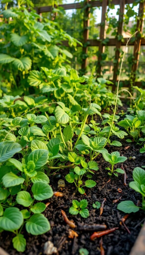 A lush, thriving raised garden bed in natural afternoon light, showcasing diverse vegetation and healthy soil. In the foreground, various vegetables and herbs are growing robustly, their leaves glistening with moisture. Scattered amongst the plants, beneficial insects and predatory mites can be seen, contributing to a balanced ecosystem. The middle ground reveals a rich, dark brown soil, teeming with earthworms and microbial activity. In the background, a wooden trellis supports climbing vines, providing both vertical structure and natural pest deterrence. The scene exudes a sense of harmony and sustainability, reflecting the principles of integrated pest management and holistic soil care.